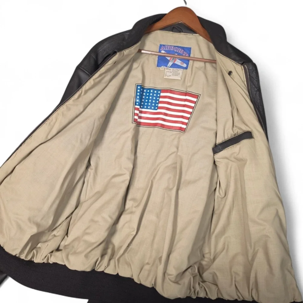 Vintage Airborne Brown Leather Bomber Flight Jacket Mens XLT American Flag Lined